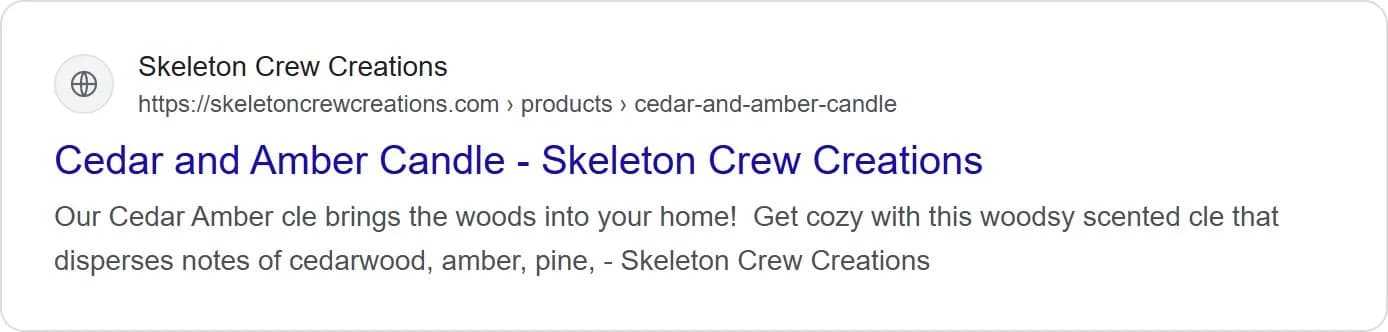 Search snippets, cedar and amber tin candle, old site. Letters were stripped from the description ('Our Cedar Amber cle ... woodsy scented cle'), and it was cut off and suffixed with the shop name.