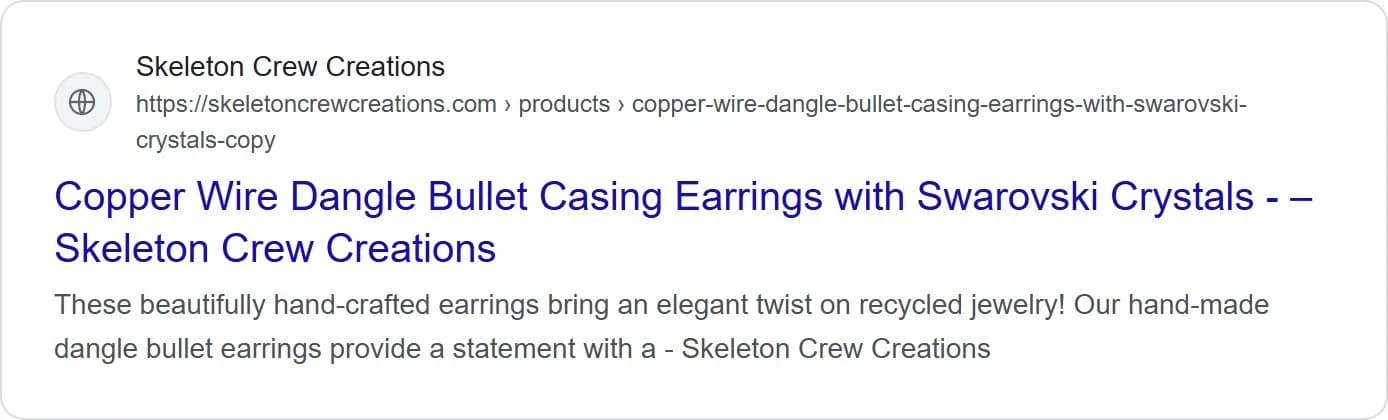 Search snippets, copper wire bullet casing earrings, old site. A cut-off title with a stray separator before the shop name, and a description that stopped mid-sentence.