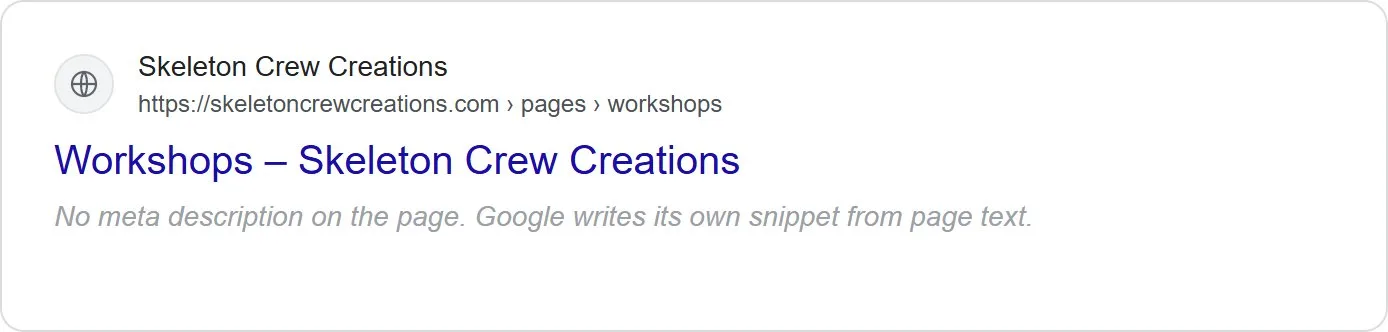 Search snippets, workshops page, old site. No meta description.