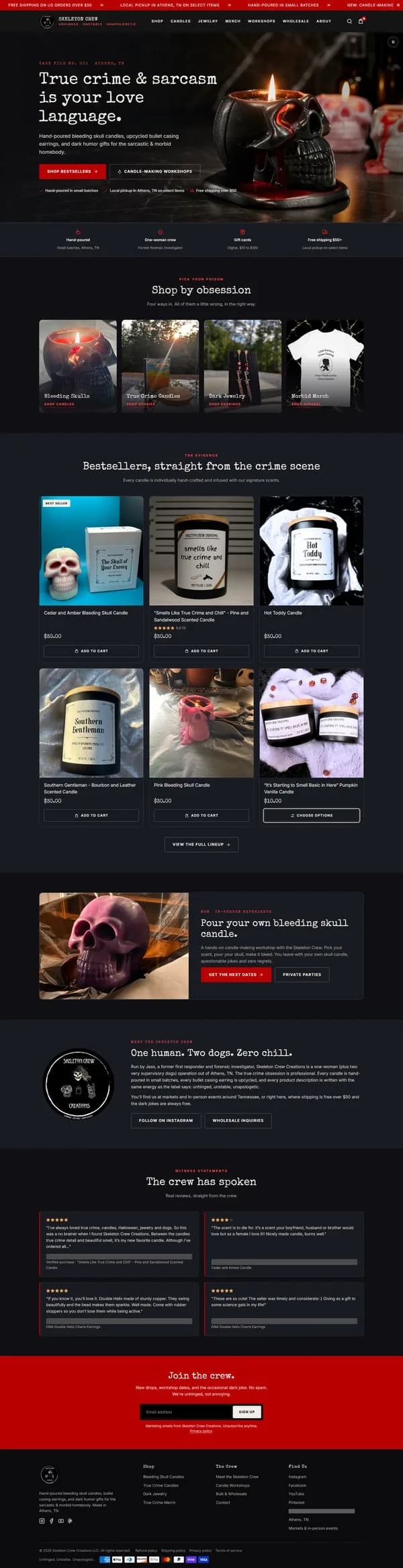 Home, the whole home page, new site, desktop view. The new home page runs 5,599 px on desktop and 9,458 px on a phone: hero, trust strip, category tiles, bestsellers, workshop band, about, reviews, then the newsletter and footer.