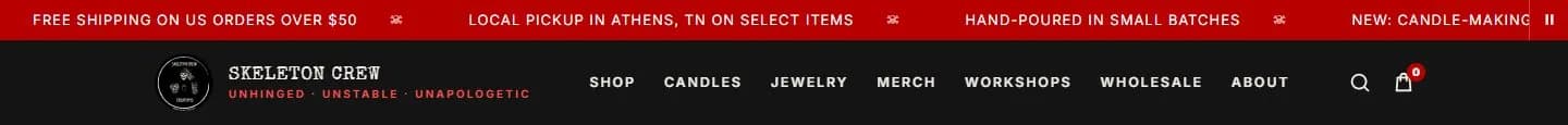 Home, announcement bar and header, new site, desktop view. A 37 px red marquee (free shipping over $50, pickup on select items, hand-poured, workshops) with a pause button, above a 78 px sticky header with logo, tagline, menu, search and cart count.