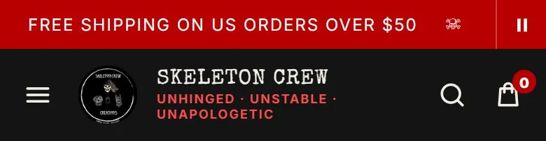 Home, announcement bar and header, new site, phone view. A 37 px red marquee (free shipping over $50, pickup on select items, hand-poured, workshops) with a pause button, above a 78 px sticky header with logo, tagline, menu, search and cart count.