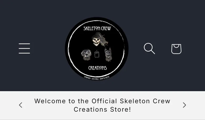 Home, announcement bar and header, old site, phone view. A 425 px round logo, a country and currency selector, account and cart icons and a menu row, then a gray two-slide announcement slider that opened with a welcome line.