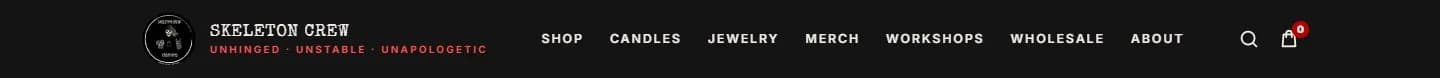 Home, main menu, new site, desktop view. Shop, Candles, Jewelry, Merch, Workshops, Wholesale, About.