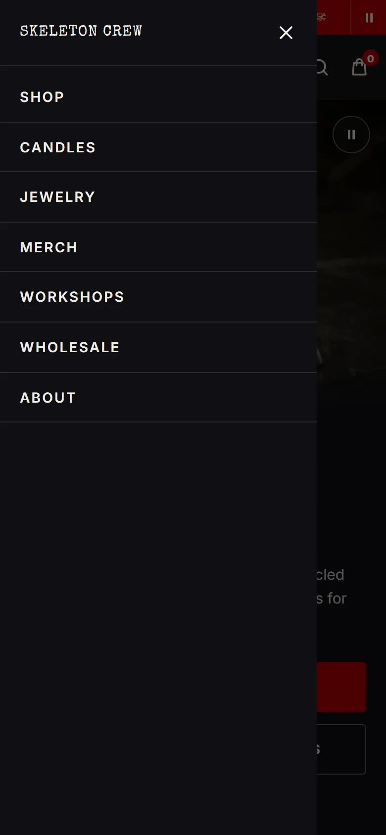 Home, main menu, new site, phone view. Shop, Candles, Jewelry, Merch, Workshops, Wholesale, About.