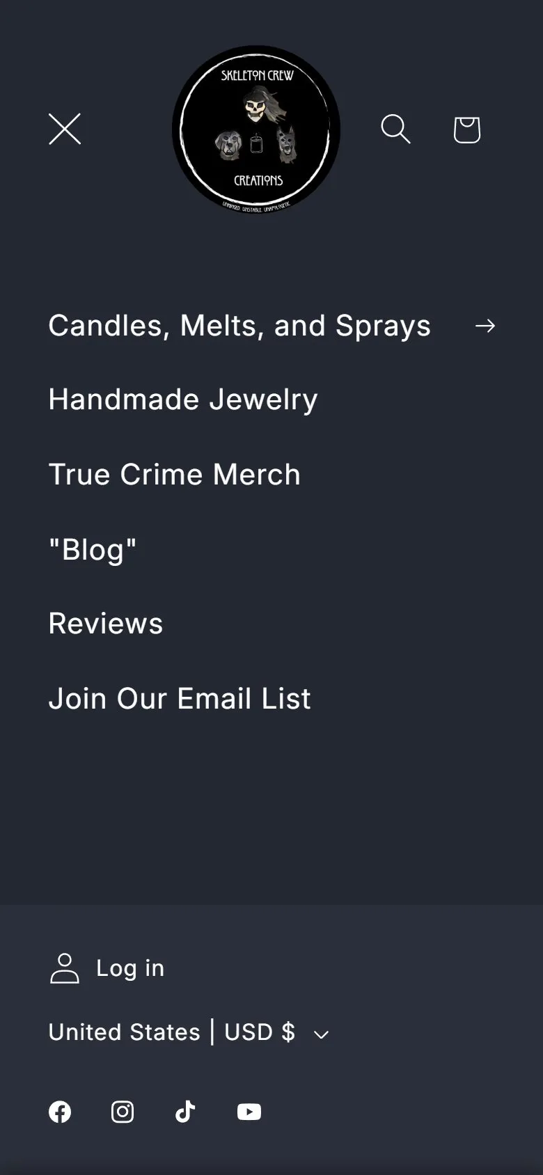 Home, main menu, old site, phone view. Candles, Melts, and Sprays; Handmade Jewelry; True Crime Merch; a Blog item with literal quote marks; Reviews, which opened a page of Etsy screenshots; and Join Our Email List, a page with no working form.