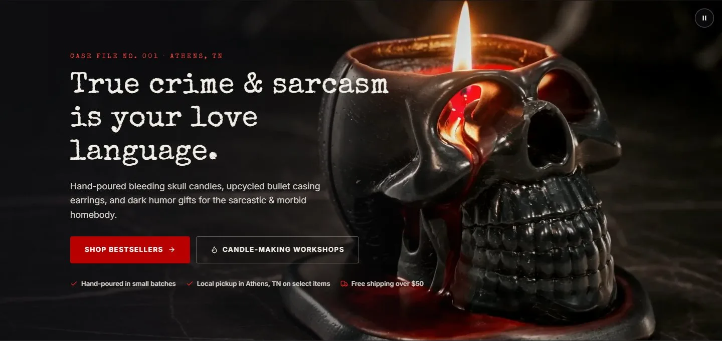 Home, hero video at about 4 seconds, new site, desktop view. The lit black skull candle bleeding red wax, with the copy on the left and the pause button top right.