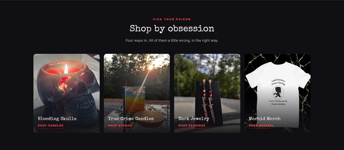 Home, shop by category, new site, desktop view. 'Pick your poison / Shop by obsession' with four tiles (Bleeding Skulls, True Crime Candles, Dark Jewelry, Morbid Merch), 917 px down on desktop.