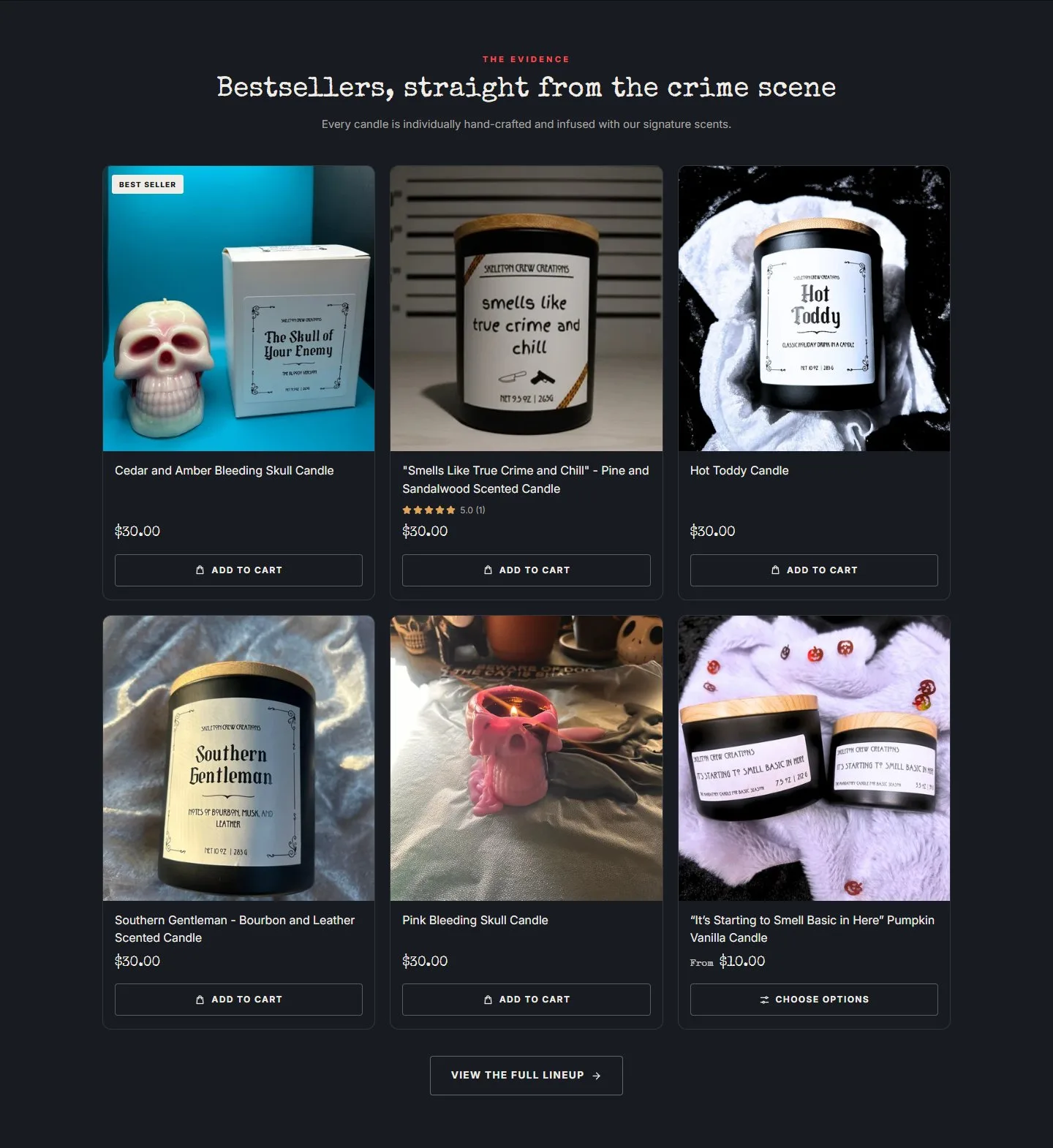 Home, bestsellers grid, new site, desktop view. 'The Evidence / Bestsellers, straight from the crime scene': six candles chosen from online sales, a Best Seller badge, real review stars where reviews exist, an add button on every card and a 'View the.