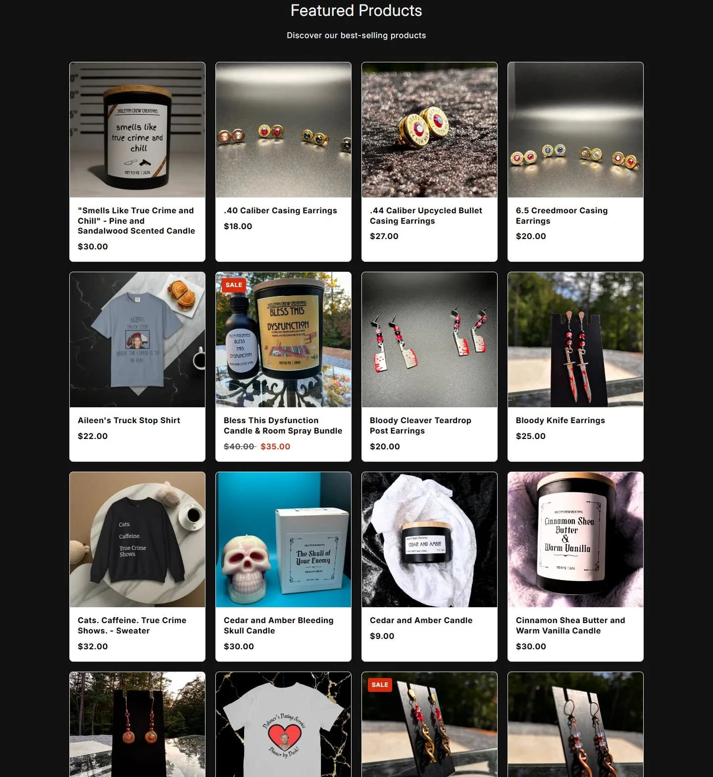 Home, bestsellers grid, old site, desktop view. An app block titled 'Featured Products / Discover our best-selling products' with no collection set, so it listed every published product A to Z, earrings and a T-shirt near the top.