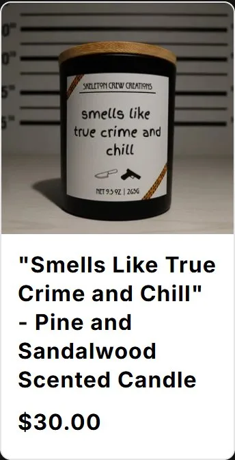 Home, product card, same product, old site, phone view. 'Smells Like True Crime and Chill' as a white card with photo, title and $30.00 only.