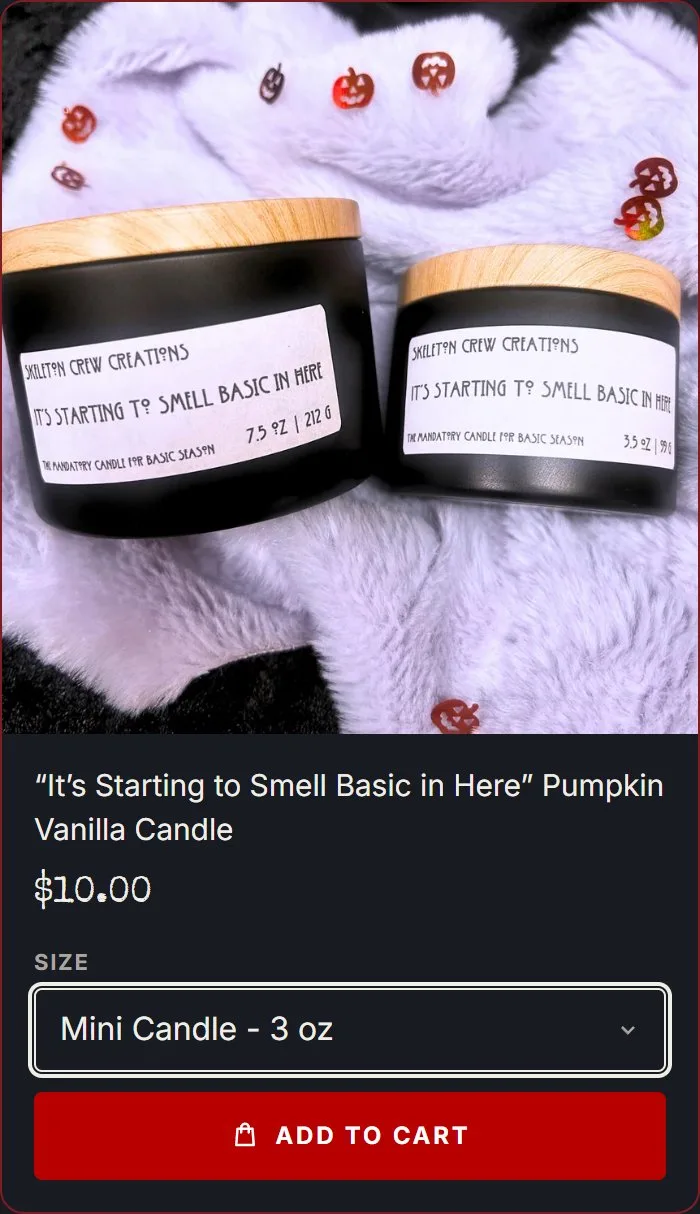 Home, card size picker, open, new site, phone view. Choose options opens a size select inside the card (here Mini Candle, 3 oz, $10.00) with its own Add to cart.