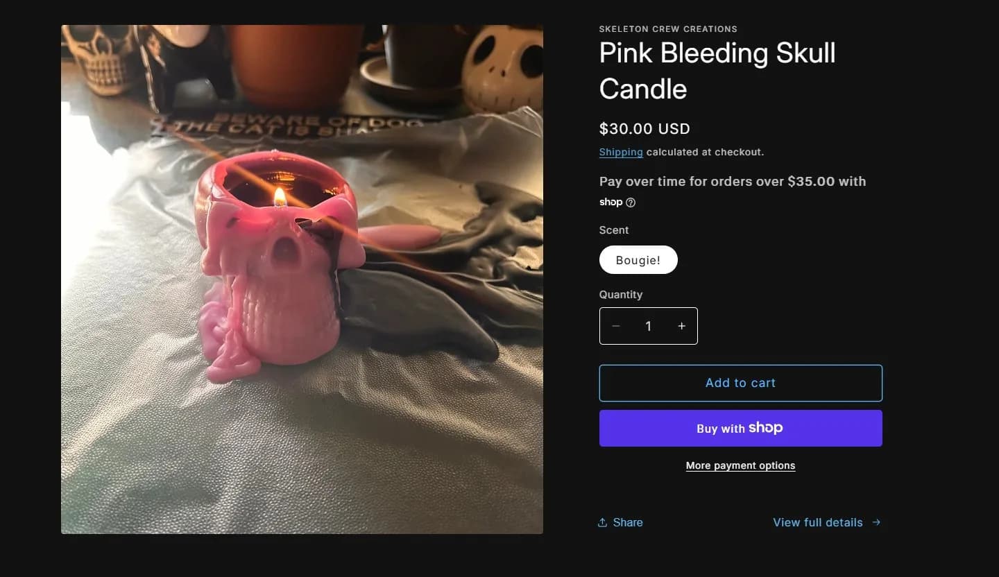 Home, removed: full product form for the pink skull, old site, desktop view. Section 4 repeated a full product form for the Pink Bleeding Skull Candle: price, scent pill, quantity, Add to cart and Shop Pay.