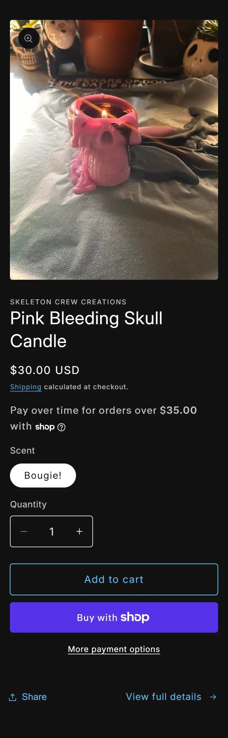 Home, removed: full product form for the pink skull, old site, phone view. Section 4 repeated a full product form for the Pink Bleeding Skull Candle: price, scent pill, quantity, Add to cart and Shop Pay.