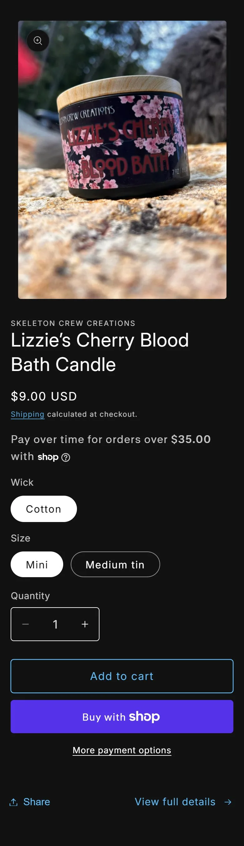 Home, removed: $9 mini candle form, old site, phone view. A second product form for a mini candle from $9 with wick and size pickers, 1,349 px tall on a phone.