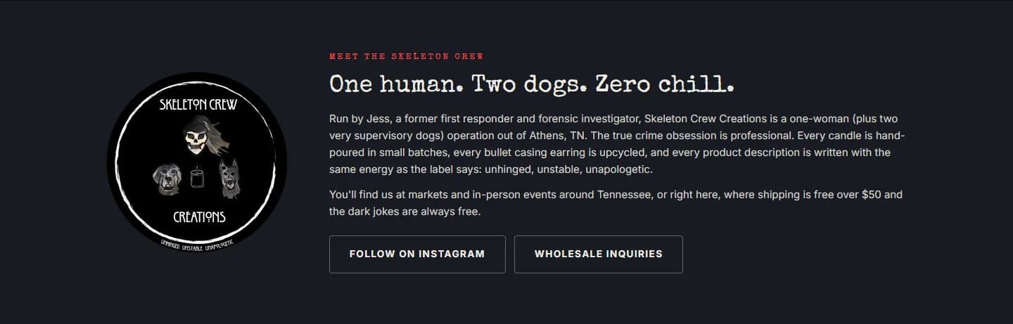 Home, about the founder, new site, desktop view. 'Meet the Skeleton Crew' with the logo, the founder's background as a forensic investigator, the free-shipping line from the shared setting, and Follow on Instagram and Wholesale inquiries buttons.