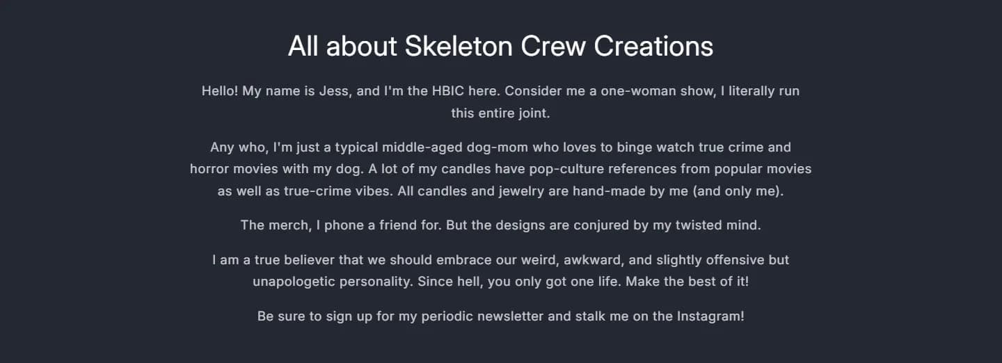 Home, about the founder, old site, desktop view. 'All about Skeleton Crew Creations': five centered first-person paragraphs with no image or link, 10,183 px down the page.