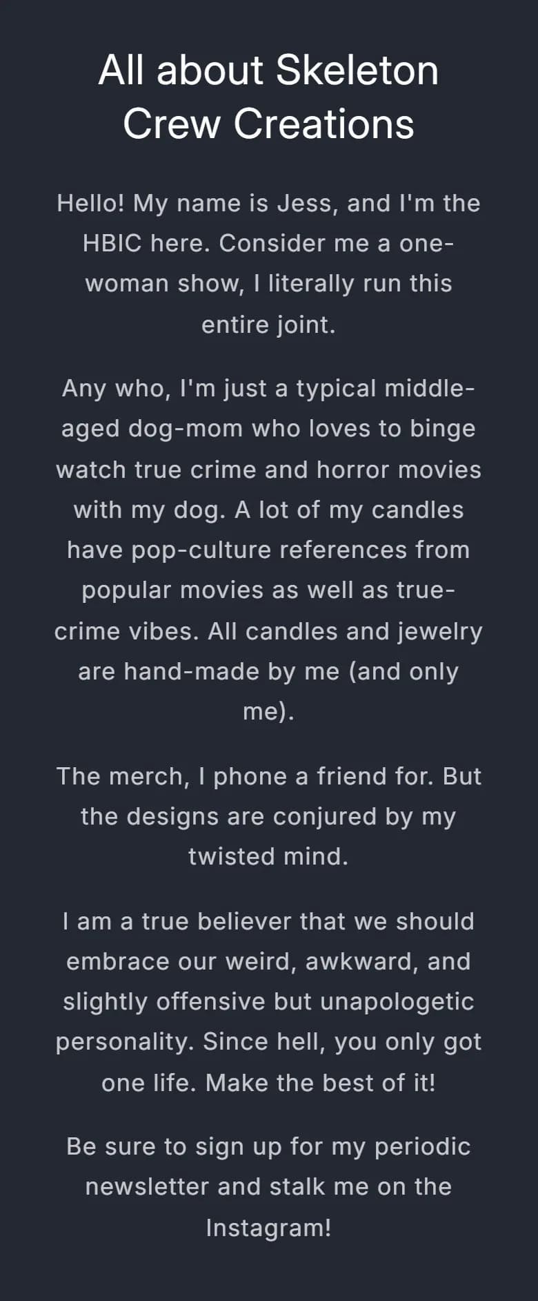 Home, about the founder, old site, phone view. 'All about Skeleton Crew Creations': five centered first-person paragraphs with no image or link, 10,183 px down the page.