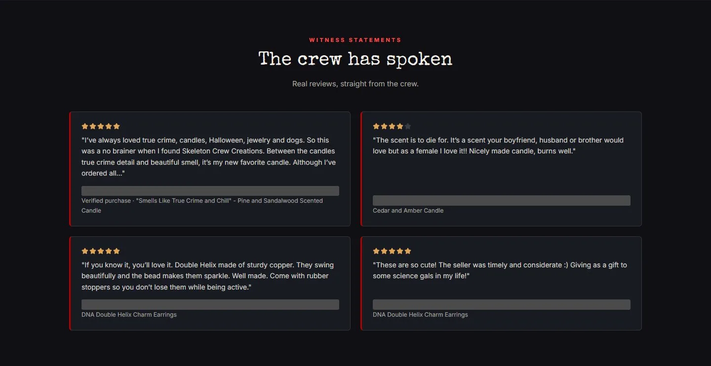 Home, reviews, new site, desktop view. 'Witness Statements / The crew has spoken' with four real reviews from the store's review app: stars, quote, verified purchase and product.