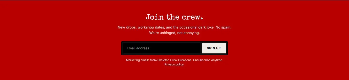 Home, newsletter signup, new site, desktop view. A red 'Join the crew.' band with a one-line promise, a labeled field, a Sign up button and a consent line linking the privacy policy.