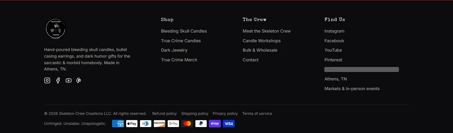 Home, footer, new site, desktop view. A brand blurb with Instagram, Facebook, YouTube and Pinterest; Shop, The Crew (with Candle Workshops and Bulk & Wholesale) and Find Us columns; four policy links; and payment icons without the European methods.
