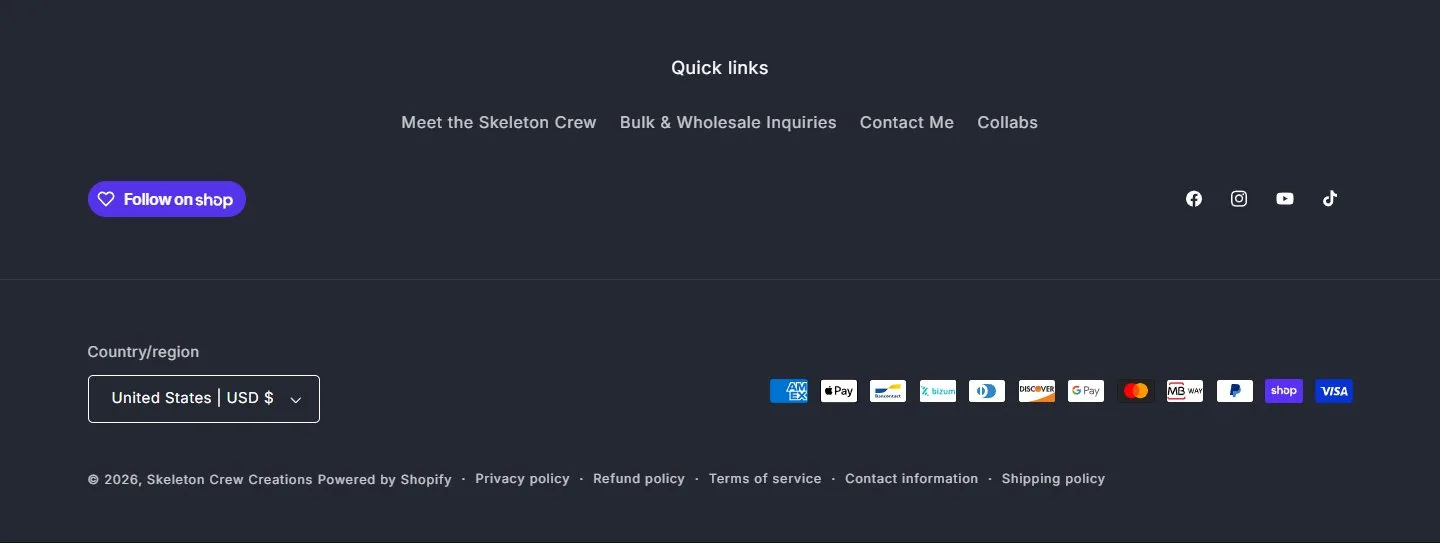 Home, footer, old site, desktop view. One Quick links row, social icons, a country selector, payment icons including European methods, and five policy links.