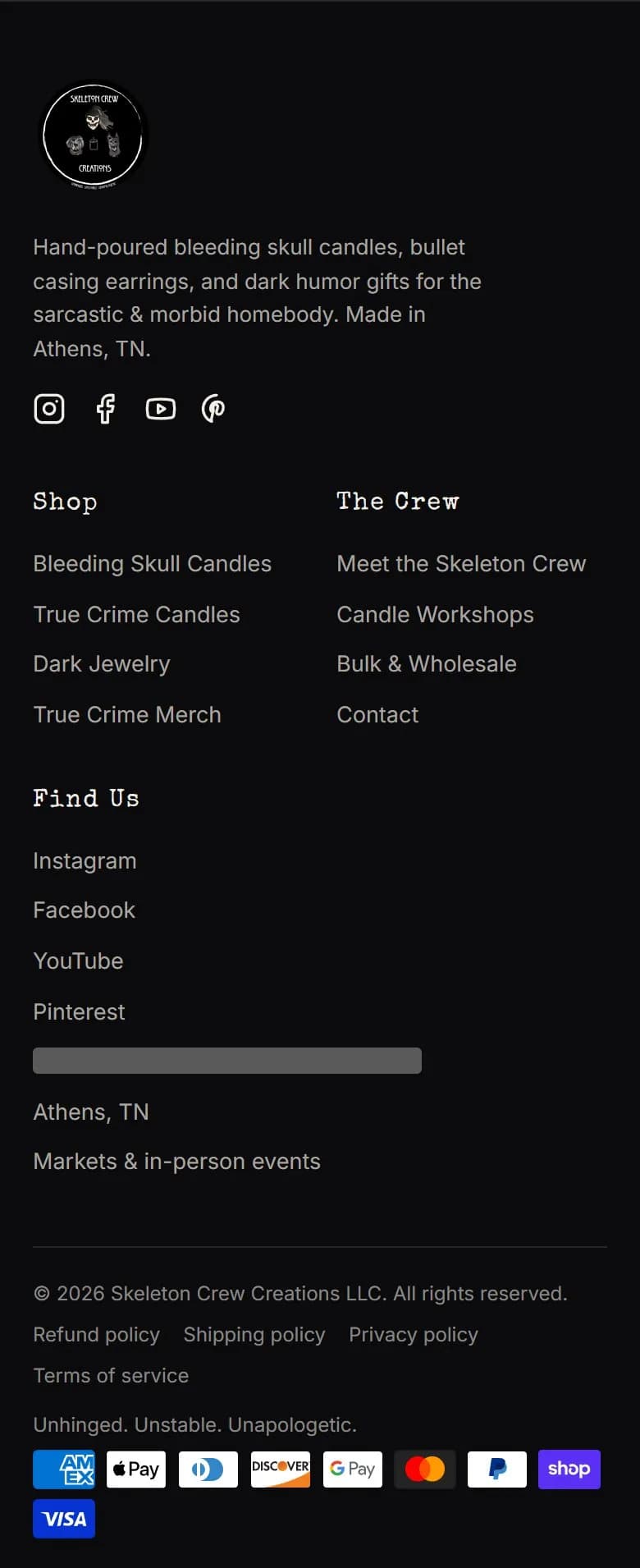 Home, footer, new site, phone view. A brand blurb with Instagram, Facebook, YouTube and Pinterest; Shop, The Crew (with Candle Workshops and Bulk & Wholesale) and Find Us columns; four policy links; and payment icons without the European methods.