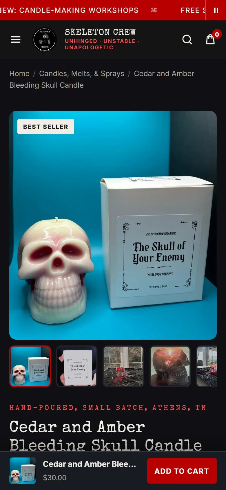 Product page: bleeding skull candle, first screen, new site, phone view. The title starts at 212 px.