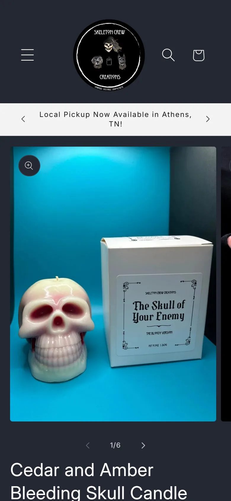 Product page: bleeding skull candle, first screen, old site, phone view. A 425 px logo header and the announcement bar pushed the title down to 486 px, and Add to cart started at 837 px, below the fold.