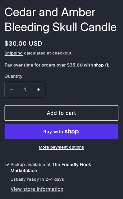 Product page: bleeding skull candle, buy box, old site, desktop view. Title, $30.00 USD, a Shop Pay line, an outlined Add to cart with a stronger purple Buy with Shop button under it, More payment options and pickup.