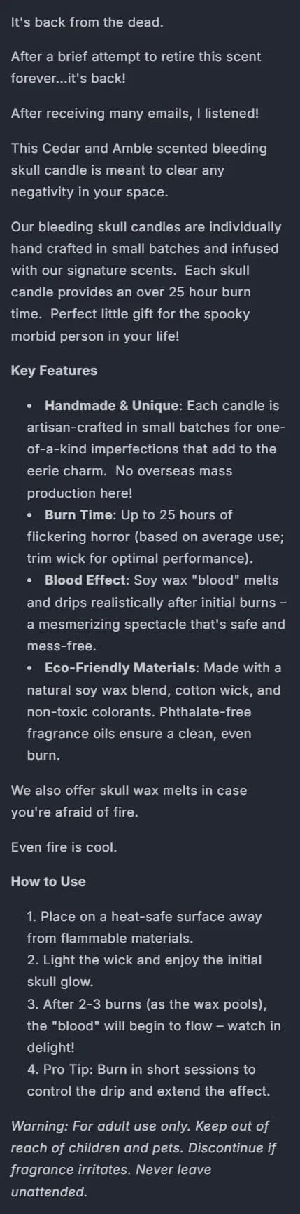 Product page: bleeding skull candle, description, old site, desktop view. A 1,700 px wall of description text, including the typo 'Cedar and Amble'.