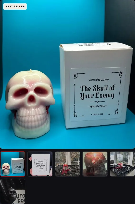 Product page: bleeding skull candle, gallery, new site, desktop view. One main photo with a thumbnail row in a sticky column 855 px tall.