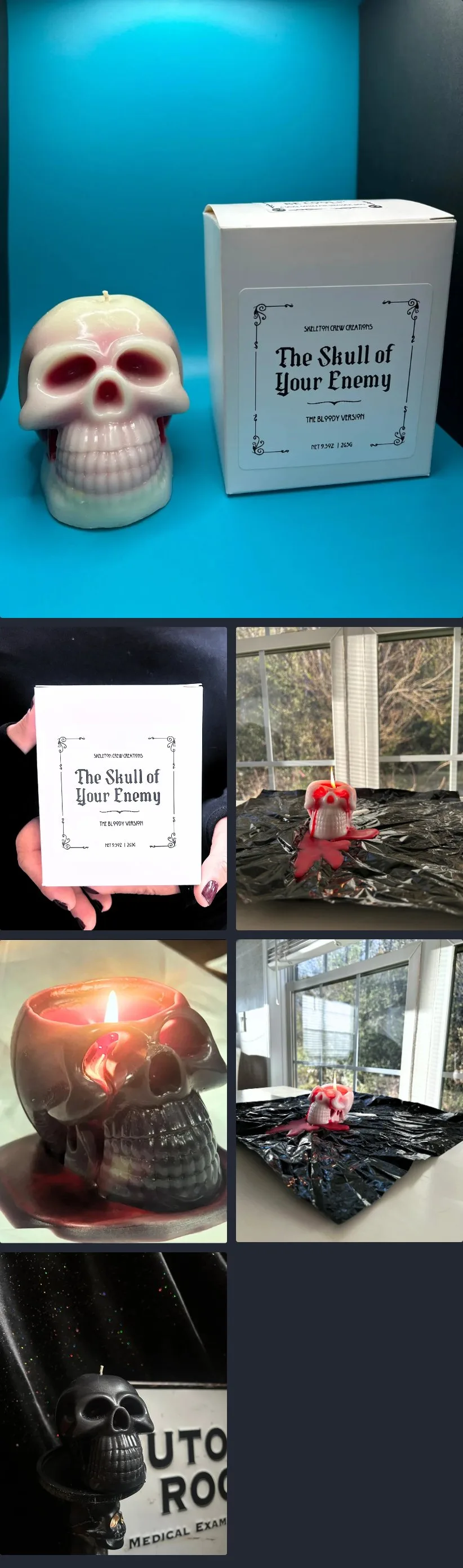 Product page: bleeding skull candle, gallery, old site, desktop view. Six photos stacked in a grid 2,781 px tall.