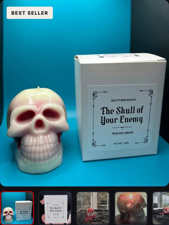 Product page: bleeding skull candle, gallery, new site, phone view. One main photo with a thumbnail row in a sticky column 855 px tall.