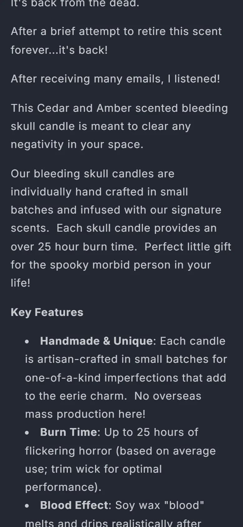 Product page: bleeding skull candle, phone, scrolled past the buy row, old site, phone view. Description text and no buy button in view.