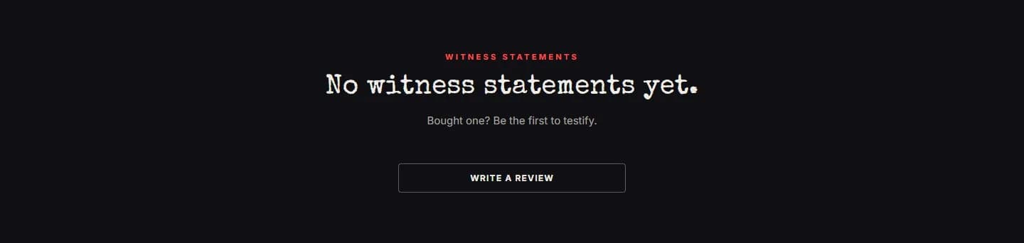 Product pages, reviews area with no reviews yet, new site, desktop view. A 'Witness statements' section.