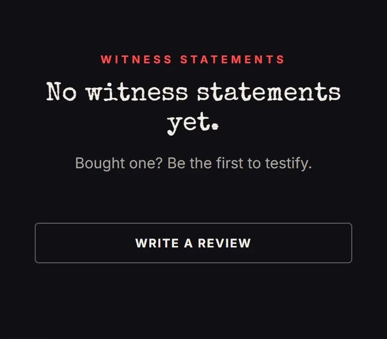 Product pages, reviews area with no reviews yet, new site, phone view. A 'Witness statements' section.