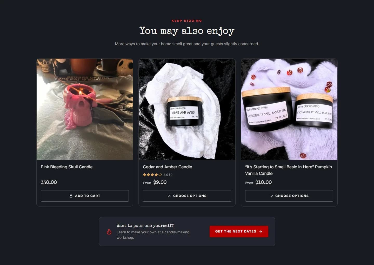 Product page: bleeding skull candle, related products, new site, desktop view. 'You may also enjoy': three cards with Add to cart or Choose options and real ratings, plus a candle-making workshop prompt.