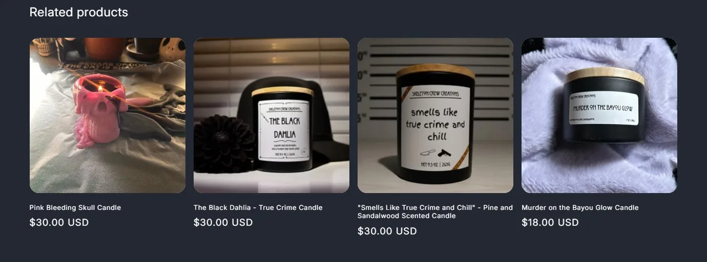 Product page: bleeding skull candle, related products, old site, desktop view. Four plain 'Related products' cards.