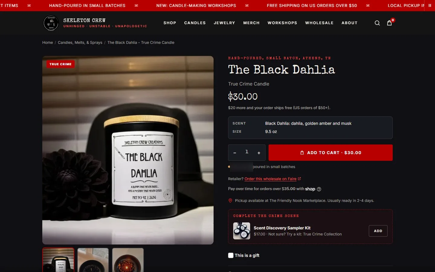 Product page: true crime jar candle, first screen, new site, desktop view. The H1 reads 'The Black Dahlia' with 'True Crime Candle' on a subtitle line, a True Crime badge sits on the photo, and the scent and size facts and Add to cart (478 px) are.