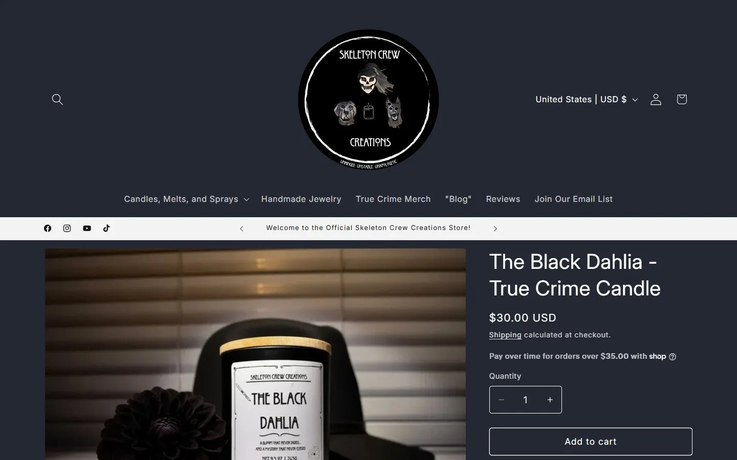 Product page: true crime jar candle, first screen, old site, desktop view. One long title that repeated the product line, and Add to cart at 837 px, below the fold.