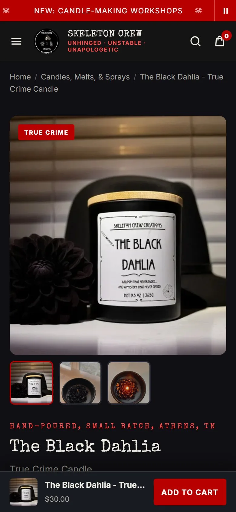 Product page: true crime jar candle, first screen, new site, phone view. The H1 reads 'The Black Dahlia' with 'True Crime Candle' on a subtitle line, a True Crime badge sits on the photo, and the scent and size facts and Add to cart (478 px) are.