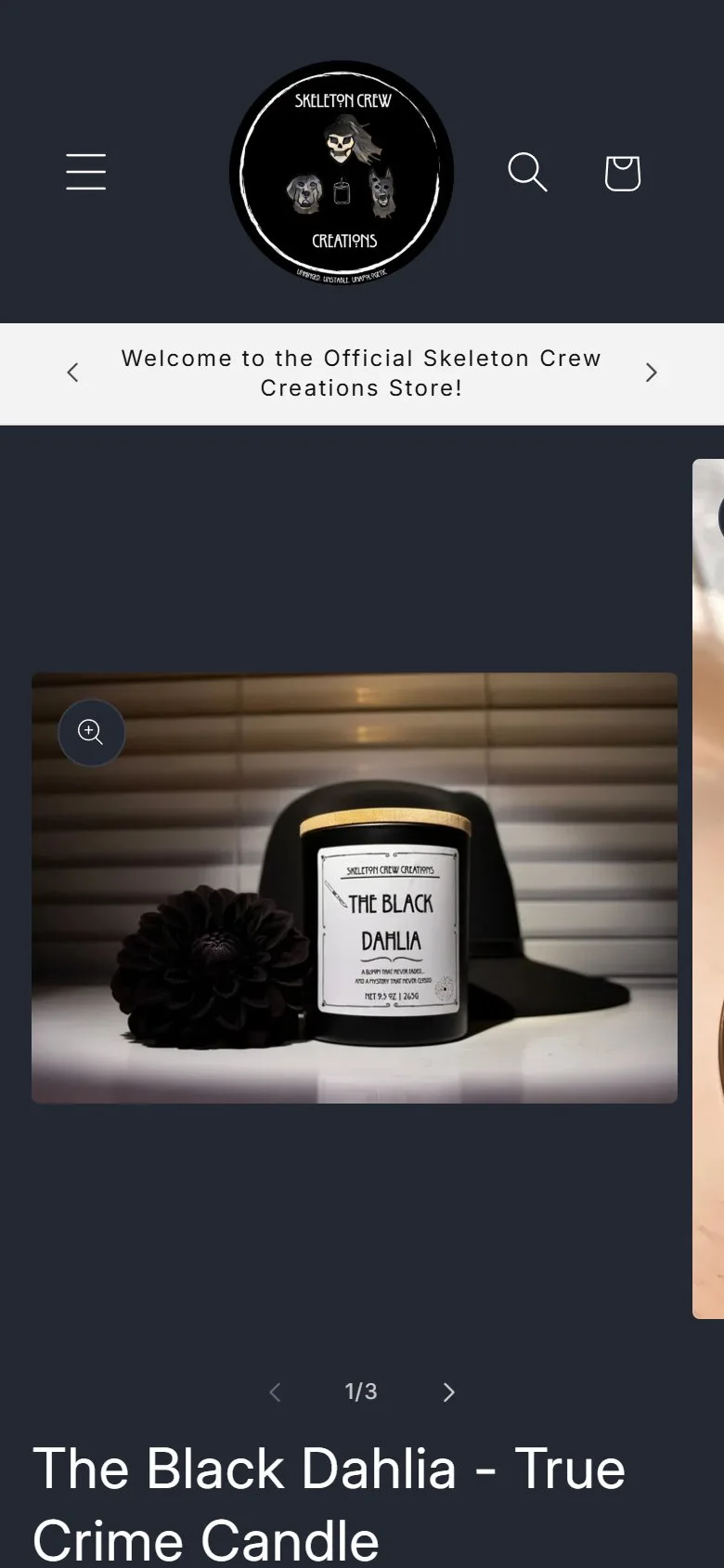 Product page: true crime jar candle, first screen, old site, phone view. One long title that repeated the product line, and Add to cart at 837 px, below the fold.