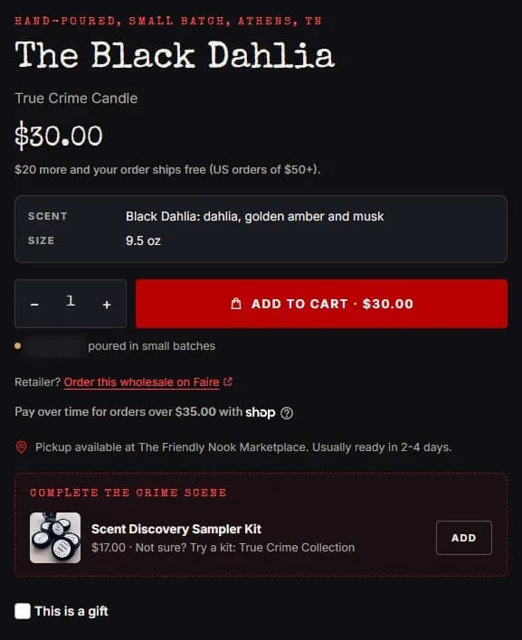 Product page: true crime jar candle, buy box, new site, desktop view. Free-shipping line, a facts block (Scent: dahlia, golden amber and musk; Size: 9.5 oz), a low-stock line, the Faire line, Shop Pay, pickup, a sampler kit add-on and the gift option.
