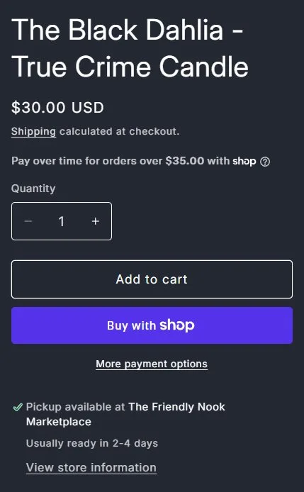 Product page: true crime jar candle, buy box, old site, desktop view. Price, an outlined Add to cart, Buy with Shop and pickup.
