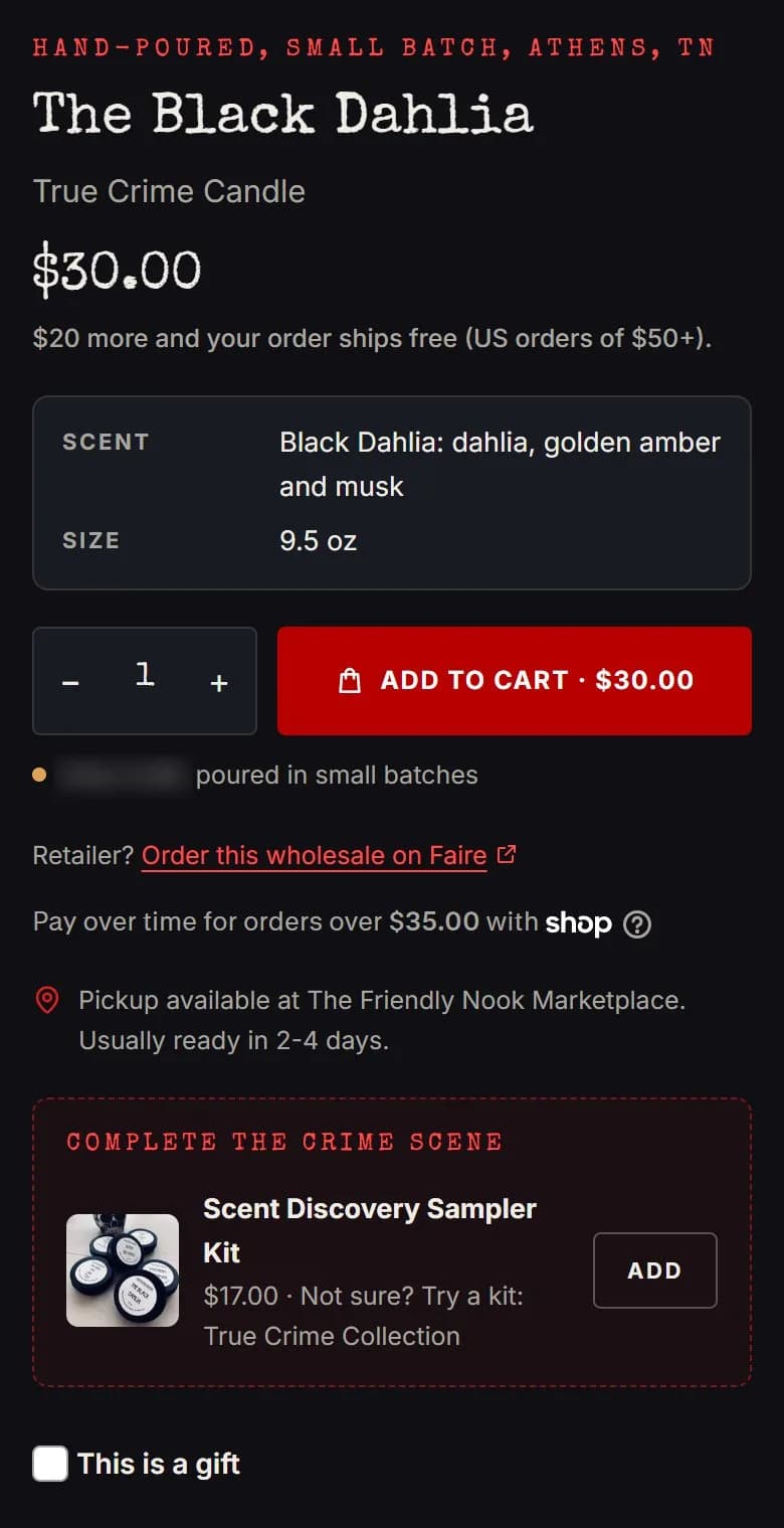 Product page: true crime jar candle, buy box, new site, phone view. Free-shipping line, a facts block (Scent: dahlia, golden amber and musk; Size: 9.5 oz), a low-stock line, the Faire line, Shop Pay, pickup, a sampler kit add-on and the gift option.