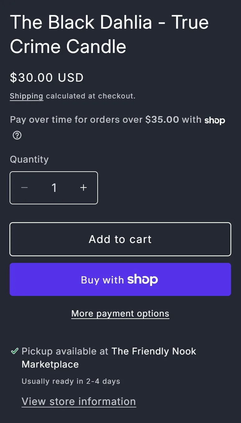 Product page: true crime jar candle, buy box, old site, phone view. Price, an outlined Add to cart, Buy with Shop and pickup.