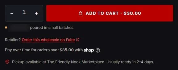 Product page: true crime jar candle, buy row and low-stock line, new site, desktop view. One row with quantity and 'Add to cart · $30.00', then a low-stock line ('poured in small batches'), the Faire line, Shop Pay and pickup.
