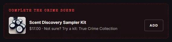 Product page: true crime jar candle, add-on when no scent matches, new site, desktop view. The Scent Discovery Sampler Kit ($17, 'Not sure?