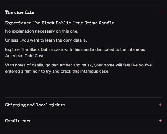 Product page: true crime jar candle, case file description, new site, desktop view. 'The case file' tab, with 'Shipping and local pickup' and 'Candle care' collapsed under it.
